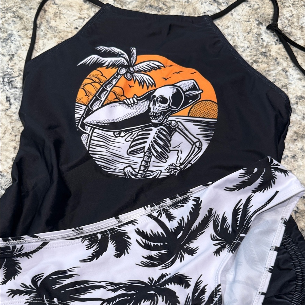 Kids Black and White Skeleton Surf Swimsuit